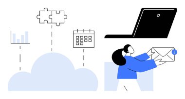 Woman receiving email, cloud connecting to data chart, calendar, and puzzle piece. Ideal for productivity, organization, cloud solutions, teamwork, data sharing remote work simple flat metaphor