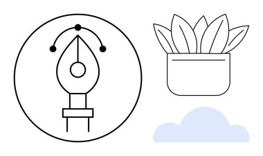 Pen tool within a circle suggesting design, potted plant symbolizing growth, and cloud for clarity. Ideal for creativity, innovation, simplicity, design, branding, digital work and calm