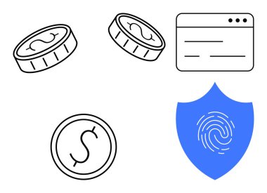 Coins symbolizing currency and a web interface next to a shield with a fingerprint symbolize secure online payments and authentication. Ideal for e-commerce, finance, security, identity, online