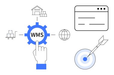 Gear with WMS, hand touching, warehouse, globe, target with arrow, and data window. Ideal for logistics, supply chain automation inventory e-commerce productivity efficiency. Simple flat
