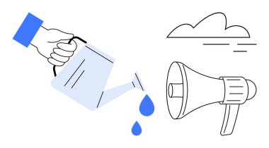 Hand pours water from can with droplets near megaphone and a cloud. Ideal for growth, support, communication, teamwork, ideas, leadership, motivation. Minimalist flat metaphor