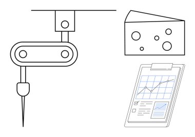 Robotic arm in operation, slice of cheese, and analytic report on clipboard. Ideal for technology, automation, food analysis, quality control, manufacturing, productivity simple flat metaphor