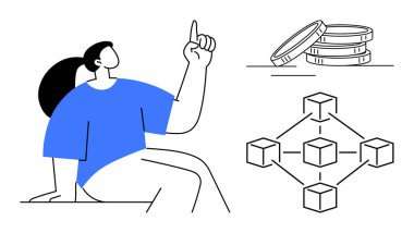Woman gesturing upward, stack of coins, and blockchain nodes interconnected. Ideal for cryptocurrency, blockchain, fintech, investment, decentralization finance digital technology themes. Simple