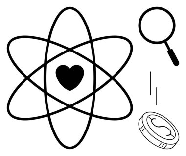 Atomic structure with central heart, magnifying glass, and falling coin icons symbolizing science, love, research, economy, analysis, curiosity, and technology in a simple flat metaphor