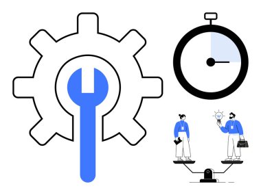 Gear and wrench for tool and process optimization, stopwatch for time management, teammates exchanging ideas on balance scale. Ideal for teamwork, productivity, problem-solving, innovation, time