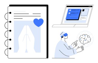 Prayer gesture notebook, laptop with software interface, and person using virtual reality interacting with a brain model. Ideal for health, innovation, VR, mindfulness, research, education data