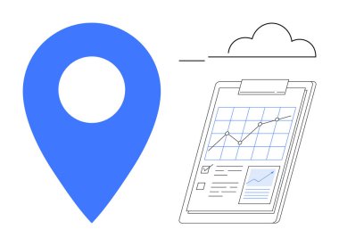 Location pin beside clipboard with analytics chart and cloud. Ideal for data visualization, business strategy, location tracking, productivity, geography, growth analysis, cloud-based solutions