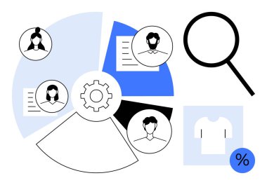 Gear surrounded by charts, user avatars, and documents magnifying glass and percentage for optimization. Ideal for team management, analytics, workflow, resource allocation, efficiency, human