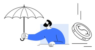 Man with umbrella safeguarding against falling coin. Ideal for finance, insurance, security, investment, stability, risk management, savings. Simple flat metaphor for money protection
