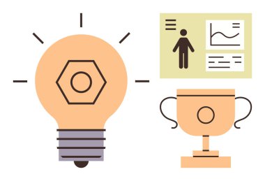 Lightbulb representing innovation, trophy signifying achievement, and analytics board with data visuals. Ideal for education, productivity, growth, success, creativity motivation progress. Simple