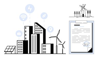 Modern buildings alongside wind turbines and solar panels, eco-focused contract, and energy icons. Ideal for sustainability, clean energy, technology, eco contracts, smart cities, innovation green