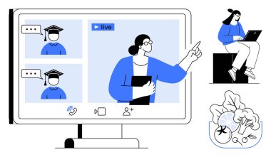 Computer screen with live class, teacher pointing, students engaging, online education. Includes graduation caps, communication, remote work, learning, video call study and simple flat metaphor