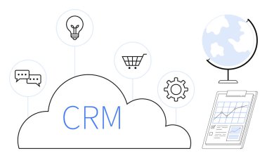 CRM cloud with icons for communication, innovation, shopping cart, process optimization, global access, and analytics. Ideal for business, technology, management e-commerce strategy digital