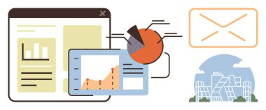 Analytical tools with charts, pie graphs, email communication, and a shopping mall. Ideal for business, e-commerce, digital marketing, data visualization, retail communication and technology a