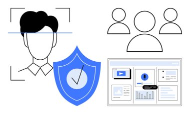 Facial recognition scan with security shield, user data dashboard, and team outline. Ideal for data security, technology, personal privacy, analytics, teamwork, digital identity cybersecurity