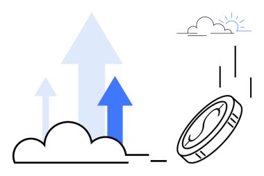 Coin flipping upward beside arrows pointing skyward, representing economic progress, revenue growth, and trends. Ideal for finance, investment, trading, business strategy, success motivation simple