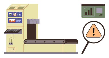 Conveyor machine with control panels, charts on a screen, and magnified warning sign. Ideal for production monitoring, industrial safety, efficiency, error analysis, automation, quality control