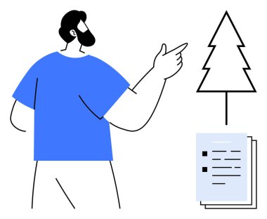Bearded man in blue shirt pointing towards tree and papers, emphasizing environmental awareness. Ideal for sustainability, ecology, conservation, education, eco-friendly practices, awareness