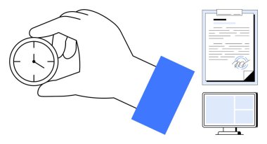 Hand grasping stopwatch next to signed document and desktop screen. Ideal for time management, productivity, efficiency, goal tracking, organization, deadlines, and scheduling. Simple flat metaphor