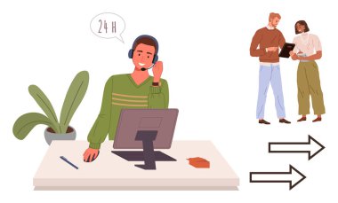 Desktop agent working with a headset providing 247 support two colleagues discussing a tablet arrows suggesting workflow, collaboration, and customer assistance. Ideal for communication, teamwork