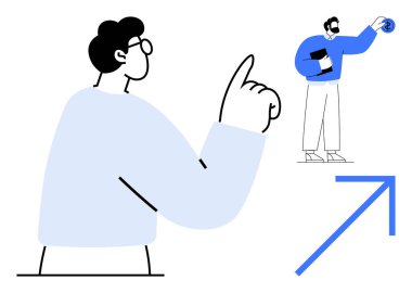 Man pointing to another figure holding notes and presenting an idea with growth arrow. Ideal for communication, teamwork, growth, leadership, education, mentorship, strategy, simple flat metaphor