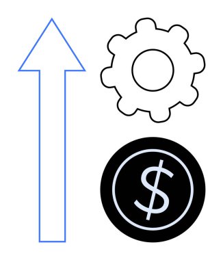 Blue upward arrow, gear, and dollar sign highlight themes of progress, efficiency, financial growth, and optimization. Ideal for business, success, economy teamwork strategy development simple