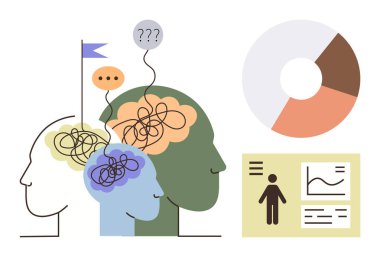Human heads with tangled lines, chat bubbles, and flags signify brainstorming and problem-solving. Adjacent charts and data visuals highlight analytics. Ideal for teamwork, communication, creativity