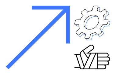 Upward arrow symbolizing growth, gear for innovation and process improvement, thumbs-up for achievement. Ideal for growth, innovation, teamwork, success, productivity development motivation. Simple