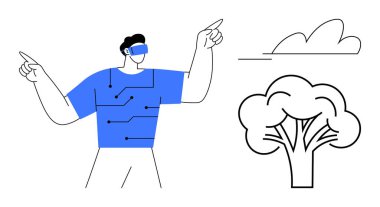 Man wearing augmented reality headset pointing towards a virtual tree and cloud. Ideal for technology, VR, future, sustainability, virtual design, innovation, environmental tech. Simple flat metaphor