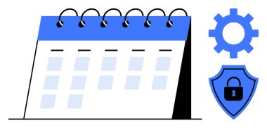 Spiral calendar with highlighted days, padlock security shield, and gear for productivity and secure scheduling. Ideal for organization, cybersecurity, time management, planning, protection