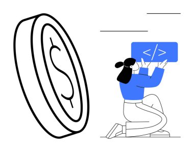 Large dollar coin beside kneeling developer holding coding panel, emphasizing tech and financial themes. Ideal for coding, finance, innovation, investment, development, tech education, simple landing