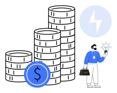 Businessman with briefcase holding a lit lightbulb beside stacked coins and a dollar sign. Ideal for finance, growth, creativity, investment, innovation, wealth management, economic concepts. Simple