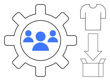 Gear with team icon, shirt, downward arrow, and box illustrating teamwork, production, manufacturing, operations, logistics packaging and delivery. Ideal for organization and process flow in
