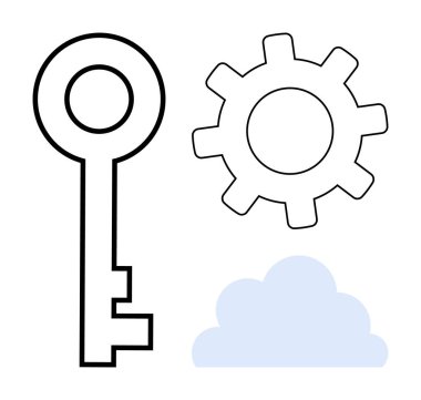 Simple key, gear, and cloud outline symbolizing security, innovation, progress. Ideal for technology, cloud computing, strategy problem-solving creativity development and teamwork. Simple flat