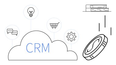 CRM cloud surrounded by icons for communication, shopping, idea generation, and automation. Falling coins and books highlight commerce, knowledge, and investment. Ideal for technology, business