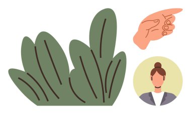 Hand pointing to emphasize direction, neutral portrait of a professional woman, and leafy foliage symbolizing nature. Ideal for navigation, leadership, environment, sustainability, career, choices