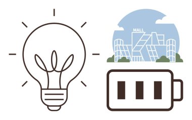 Lightbulb conveying ideas, modern mall symbolizing retail, and battery denoting energy. Ideal for innovation, sustainability, energy management, technology, retail, infrastructure creative