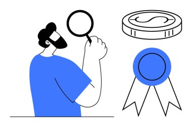 Person holding magnifying glass to inspect, next to a money coin and award ribbon. Ideal for analysis, evaluation, finance, achievement, recognition, success validation. Simple flat metaphor