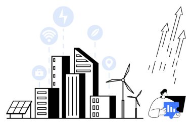 Modern buildings, wind turbines, solar panel, data icons, and person analyzing data. Ideal for sustainability, innovation, urban planning, technology renewable energy data analytics economic