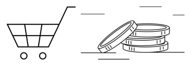 Shopping cart and stacked coins portray retail, payment, and savings concepts. Ideal for online shopping, finance, business, e-commerce, budgeting trade marketing. Simple flat metaphor