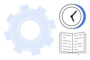 Gear, clock, and open book elements symbolize efficiency, time management, and knowledge. Ideal for productivity, education, planning organization strategy workflow innovation. Simple flat