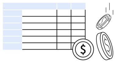 Spreadsheet table alongside falling coins symbols, signifying financial analysis, budgeting, and profit growth. Ideal for business, data management, income tracking, finance, analysis planning