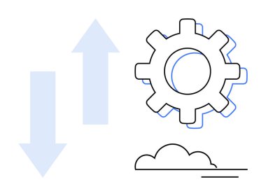Gear with arrows representing optimization and cloud for modern tech. Ideal for innovation, process, efficiency, technology, progress, cloud computing, smart systems. Minimal flat metaphor