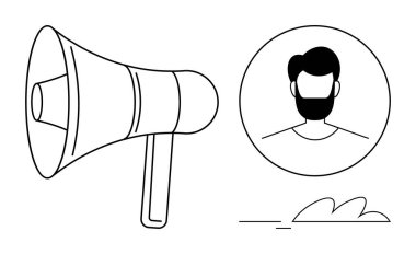 Megaphone in action beside male avatar in circular frame. Ideal for communication, marketing, social awareness, influence, speech, notification, engagement. Simple flat metaphor