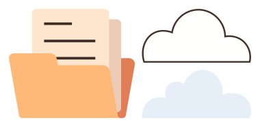 File folder with documents beside cloud outlines, highlighting data storage and sharing. Ideal for technology, productivity, document management, cloud computing, information security, backup