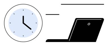 Clock indicating time beside an open laptop. Concept of time management, efficient workflow, and remote work. Ideal for productivity, business, scheduling, deadlines, workplace focus simple flat