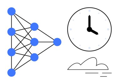 Neural network nodes connected by lines, analog clock showing time, simple cloud icon. Ideal for technology, machine learning, AI, time management, innovation connectivity productivity. Minimalist