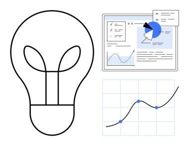Light bulb symbolizing ideas alongside dashboard displaying reports, charts, growth curve, analytics. Ideal for innovation, creativity, strategy, progress, data-driven solutions modern design