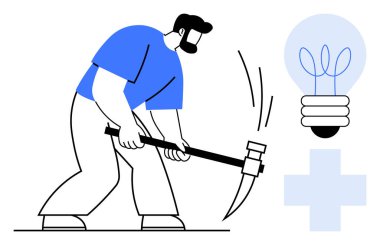 Man using pickaxe in action near glowing light bulb and medical cross. Ideal for innovation, hard work, healthcare, problem-solving, creativity, exploration, and determination. Simple flat metaphor