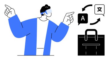 Man in VR headset pointing at translation interface with language icons and arrows beside a black briefcase. Ideal for technology, AI, translation tools, global communication, business, innovation